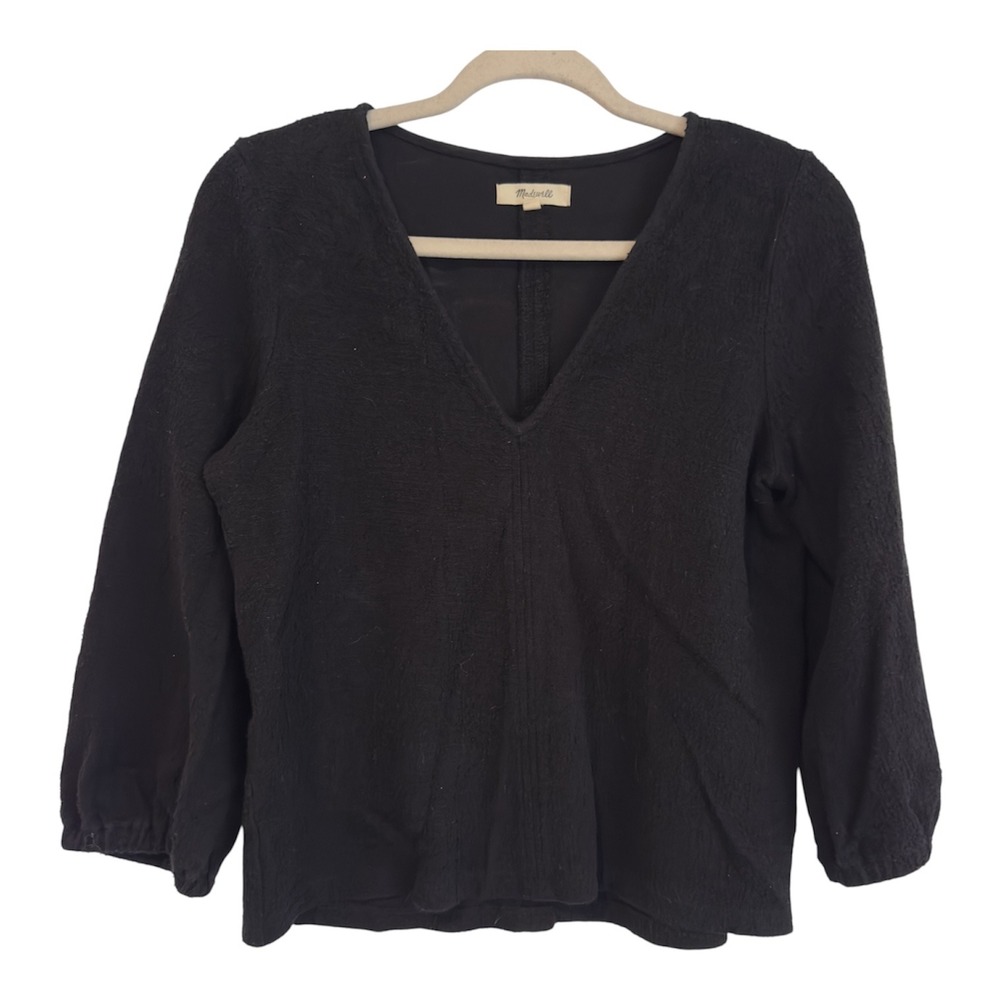 Madewell Womens Black Textured Cotton V-Neck 3/4 Sleeve Top Small CKP453300000